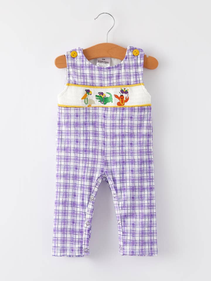 Purple Plaid Animal Smock Embroidery Boys' Romper for wholesale by Rylee Faith Designs