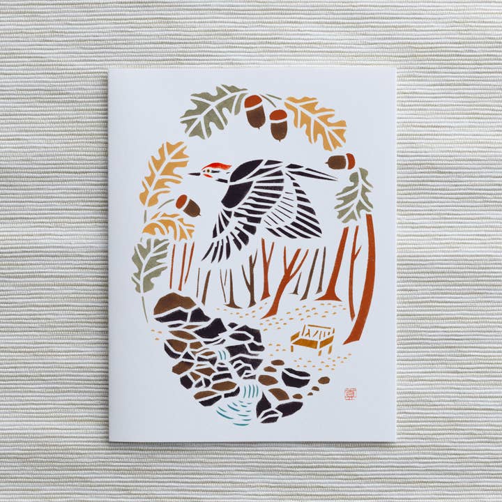 Mayuko Fujino Bird & Nature Art - Wholesale Everyday Greeting Card - A2 Card: Pileated Woodpecker in Falling Waters Preserve