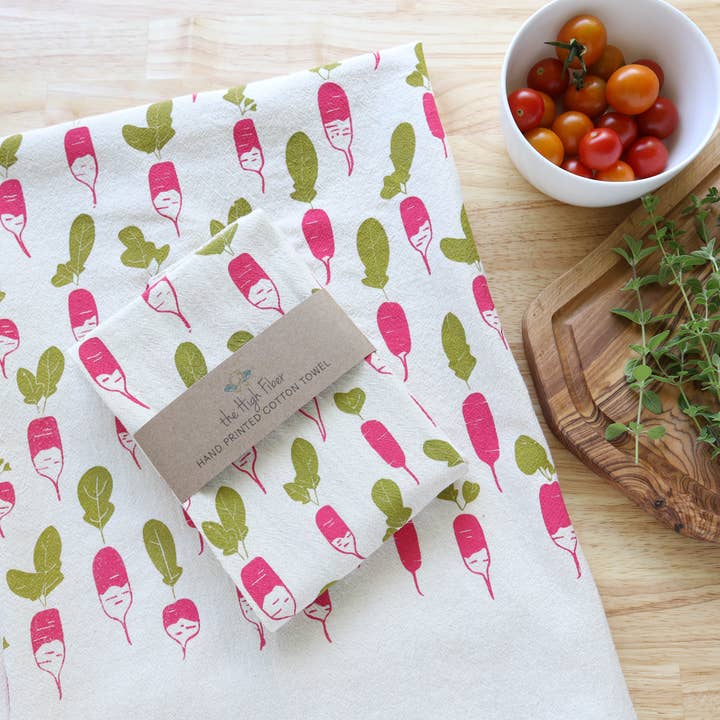 The High Fiber - Wholesale Tea towel - Radish Kitchen Towel, Garden Tea Towel, Handprinted5