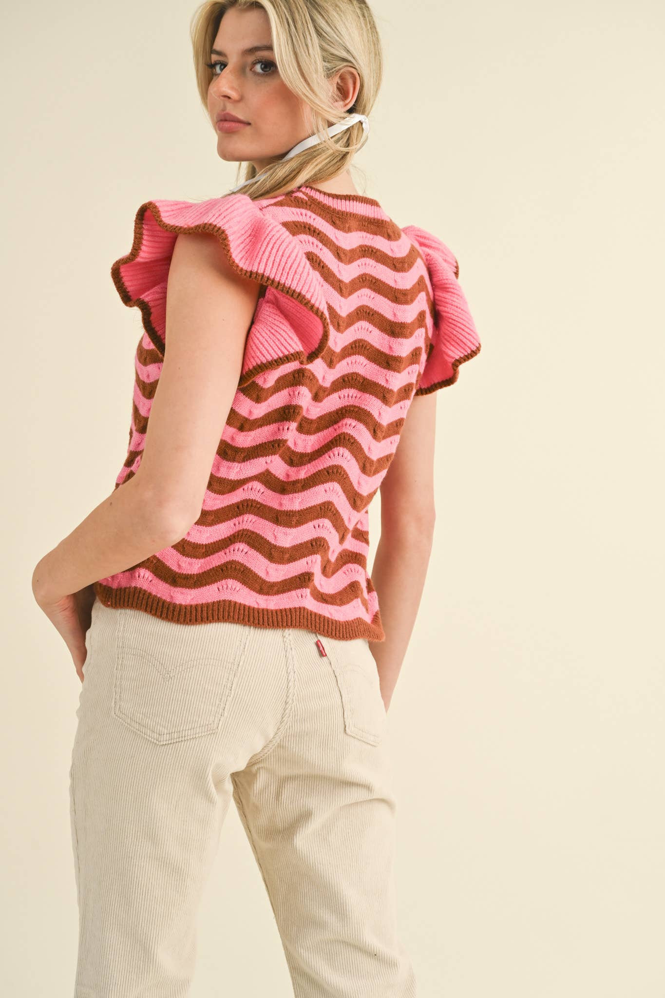 &MERCI - Wholesale Knit Sweater - Women's - WAVY STRIPES FLUTTER SLEEVE SWEATER TOP MSW1050929