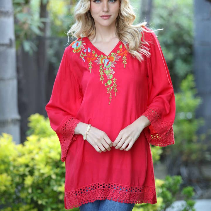 Women's Summer Boho Embroidery Mexican Bohemian Tops V Neck  for wholesale by Ananda's Fashion