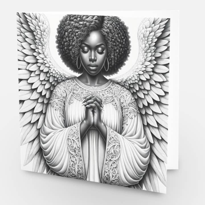 In Vrede Grijstinten Rouwkaart met Afro-Amerikaanse Engel voor wholesale door Jubilations Designs