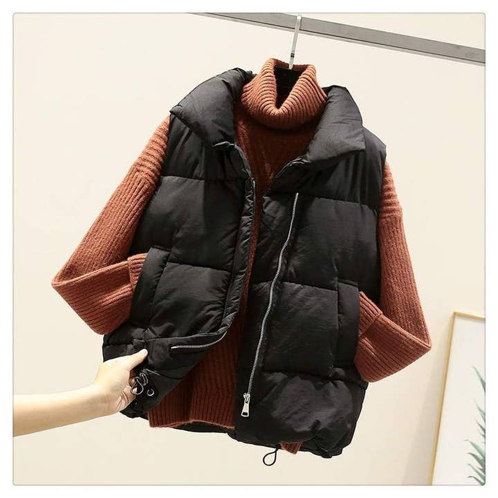 Fashion Combination - Wholesale Jacket - Women's - zip up button puffer vest with waist toggles