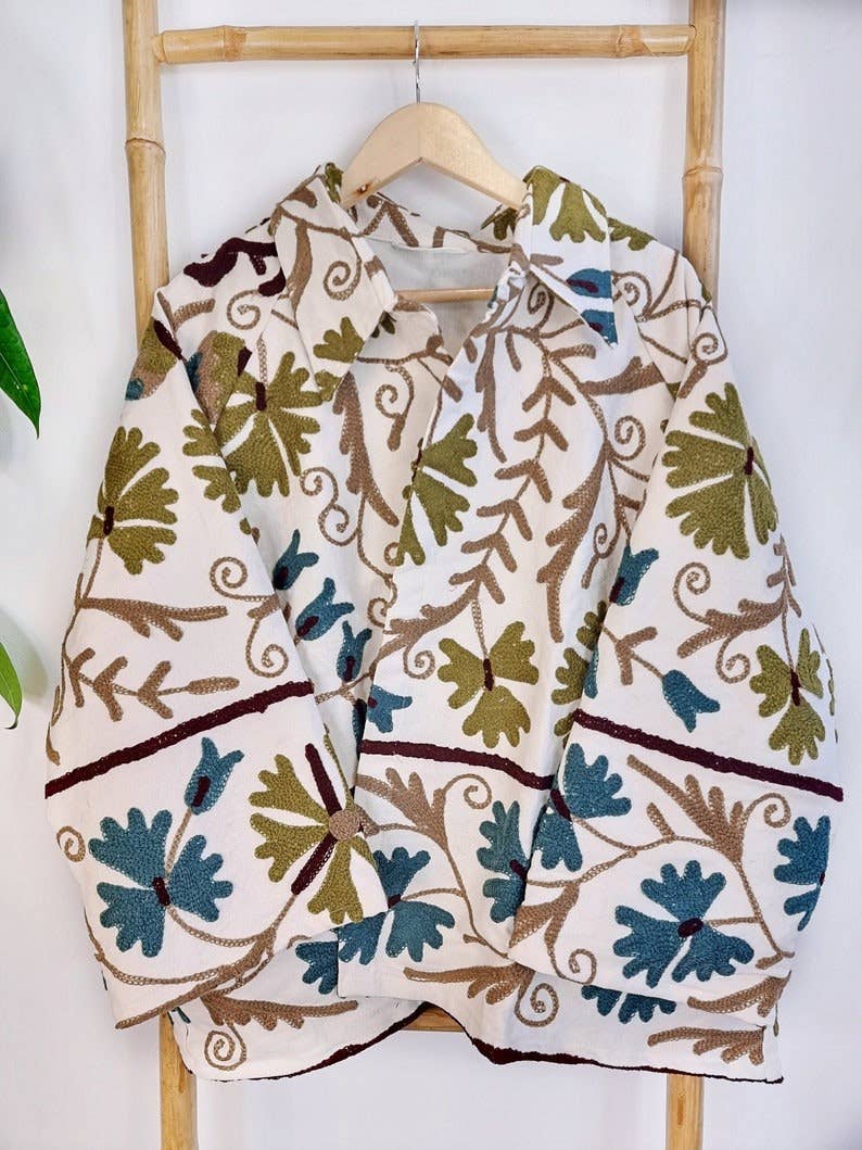 Essential Designs London – wholesale Jacket – Women's – Suzani Hand Embroidered Short Jacket | Autumn Winter Boho Uzbek Kashmir Crewel | Christmas Special Gift | Classic ElegantWhite Olive Teal5