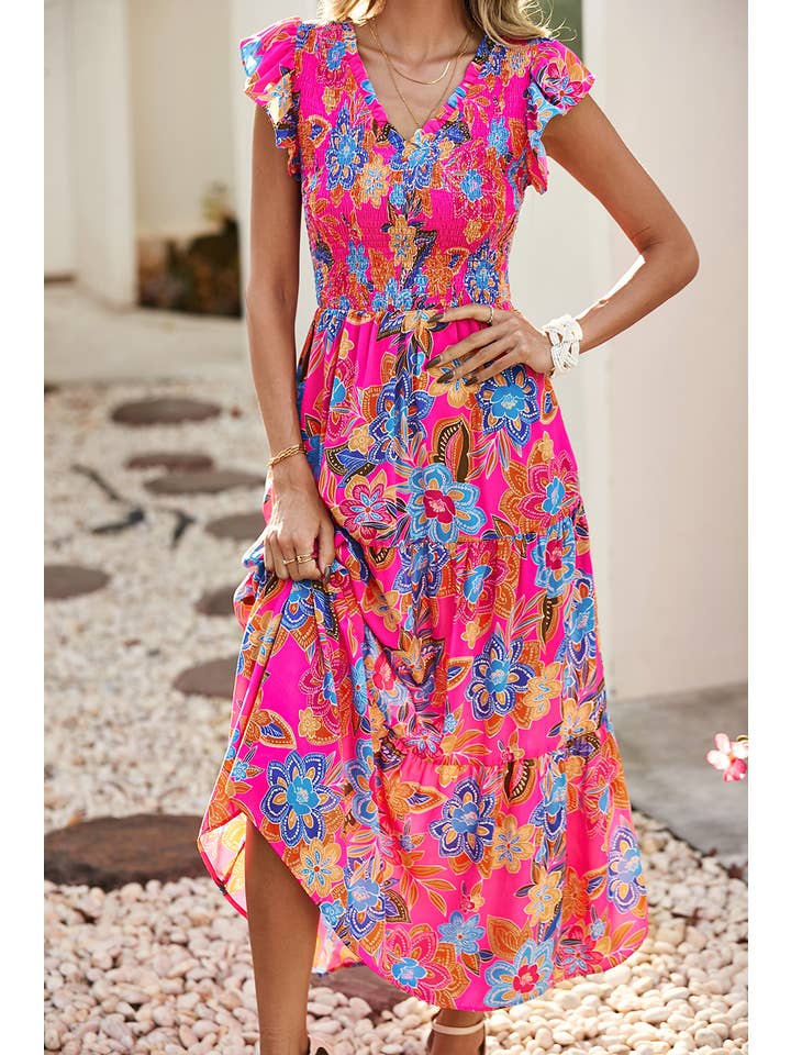 Rose Red LDC Boho Floral V Neck Ruffle Tiered Long Dress for wholesale on Faire