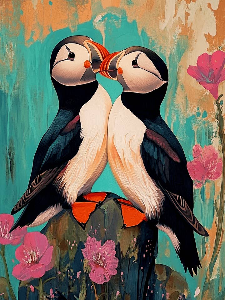 Puffins #1 - Stampe d'Arte Murale Animali Innamorati – Opera d'Arte 8″x10″ per Cornice 11″x14″ per la vendita all'ingrosso da parte di Mowbi