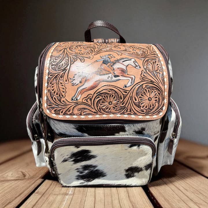 Western Linens - Wholesale Backpack - Women's - Horse tooled leather & cowhide backpack 1