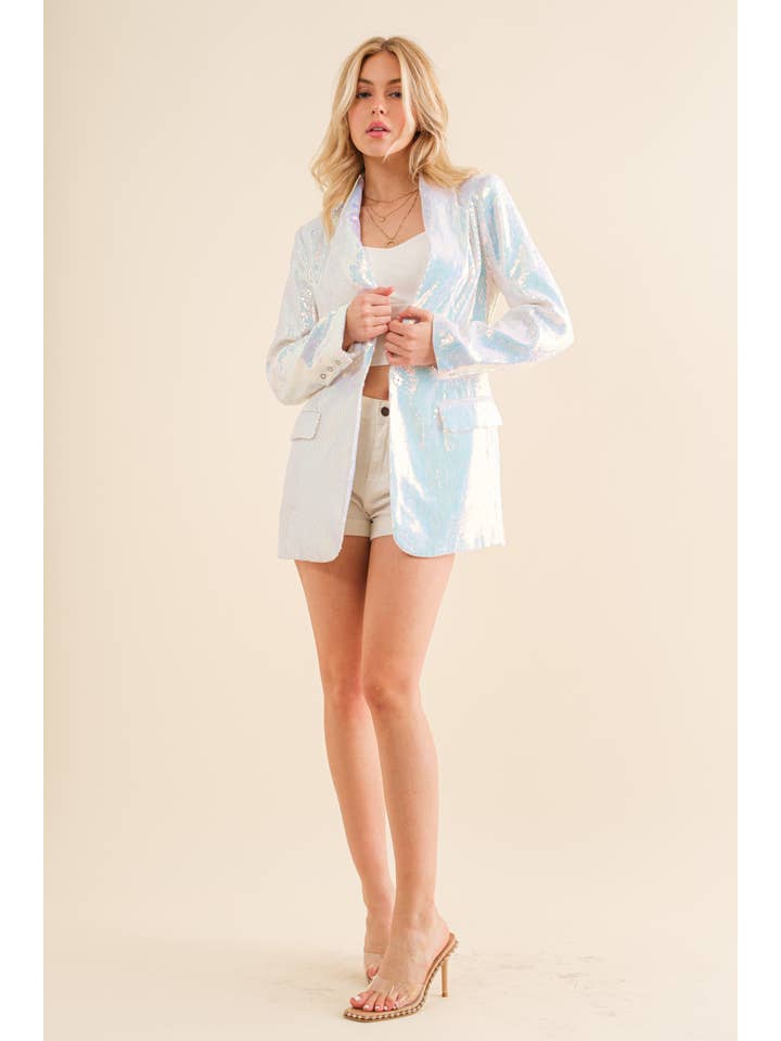 22725J - Iridescent Sequin Single Boyfriend Blazer Jacket for wholesale on Faire