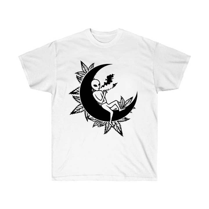 Luluizy Designs Co. - Wholesale Screen Printed T-Shirt - Unisex - Alien Chillin at the Moon Cannabis T-Shirt