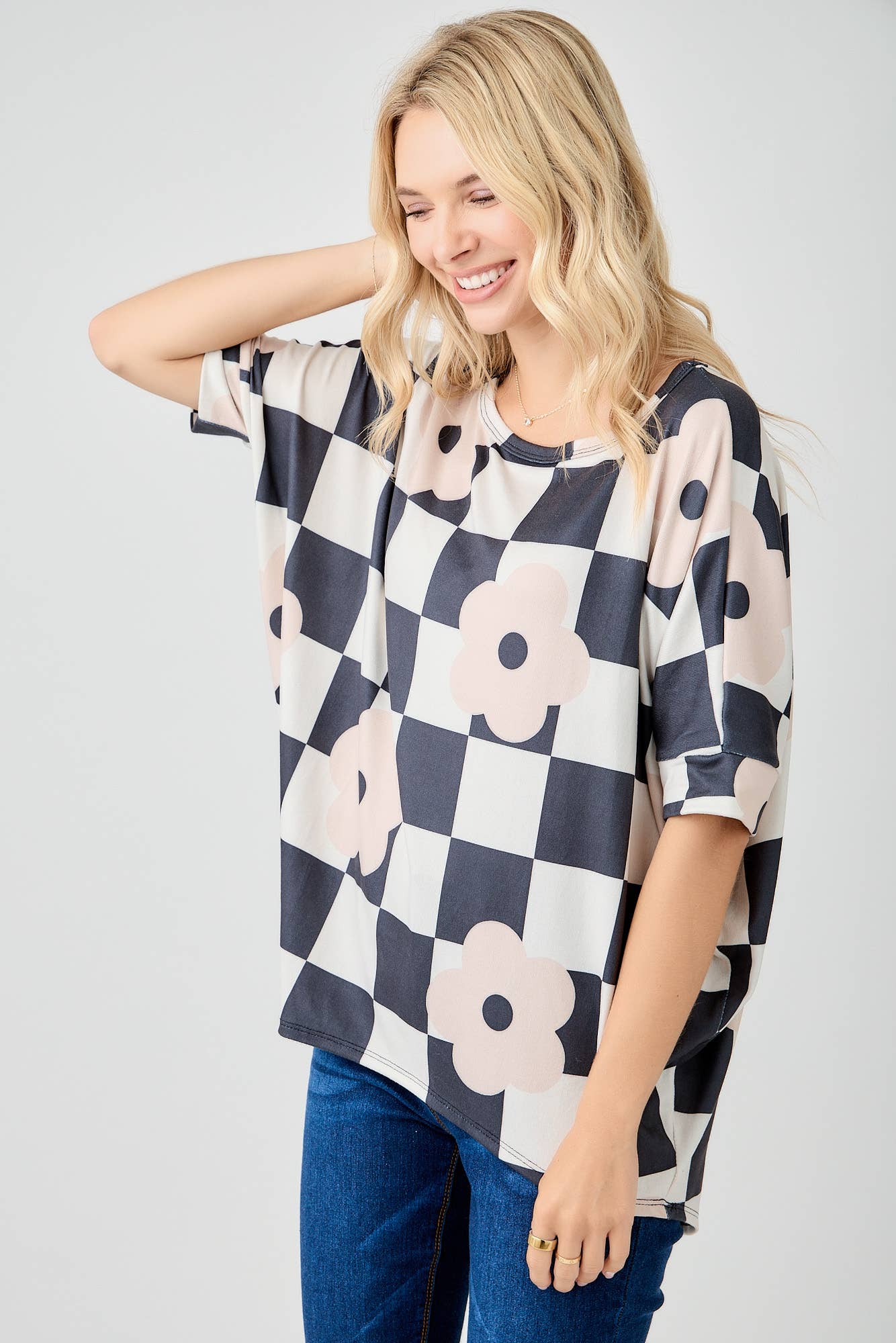 Celeste Clothing - Wholesale Tunic - Women's - WOMEN'S PLUS SIZE CHECKERED FLORAL TOP WITH HIGH-LOW HEM  
2