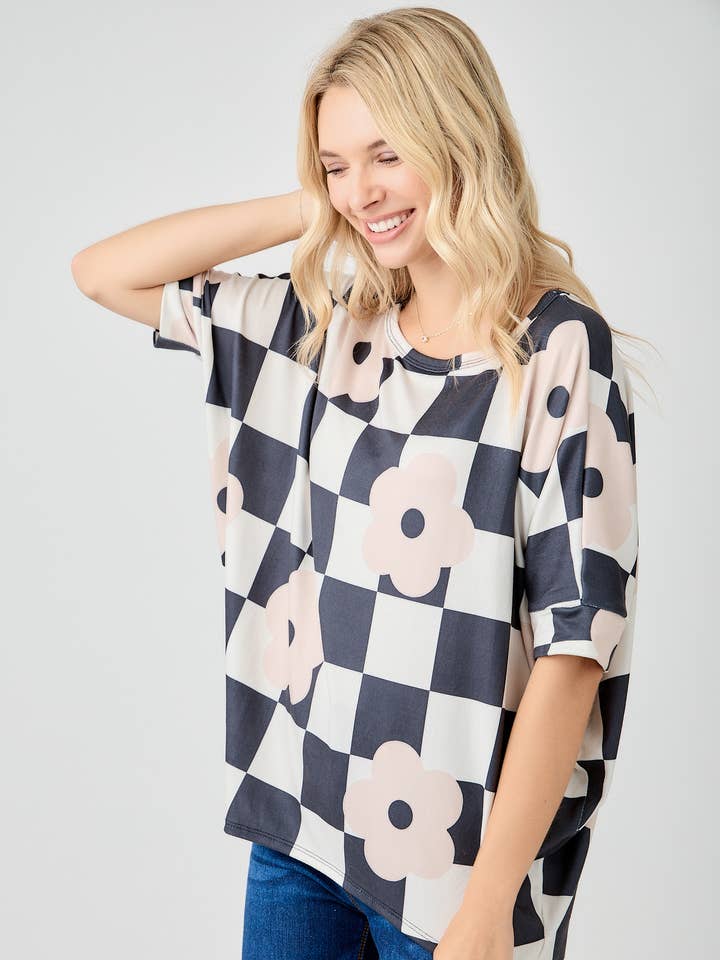 Celeste Clothing - Wholesale Tunic - Women's - WOMEN'S PLUS SIZE CHECKERED FLORAL TOP WITH HIGH-LOW HEM
2