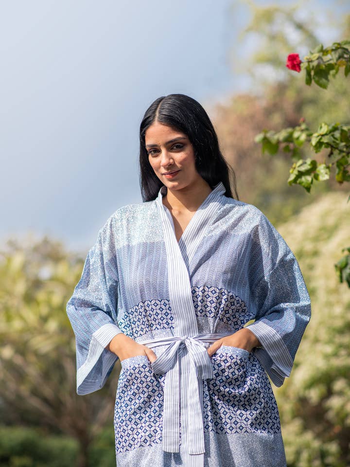 Santorini Blue & White KIMONO New for wholesale by Handprint