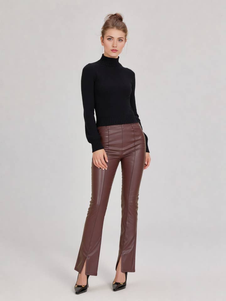 VERY J - Wholesale Pants - Women's - NP70301-High Waist Fitted Bell Bottom Faux Leather Pants