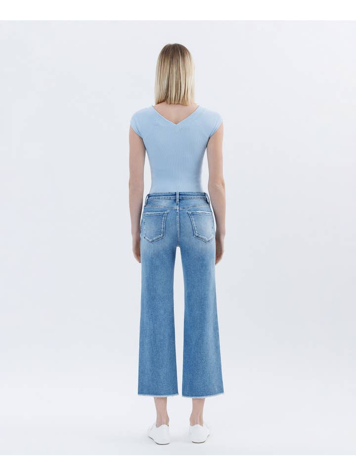 SENSATIONAL HIGH RISE RAW HEM CROP SLIM WIDE LEG JEANS LV1687 for wholesale on Faire