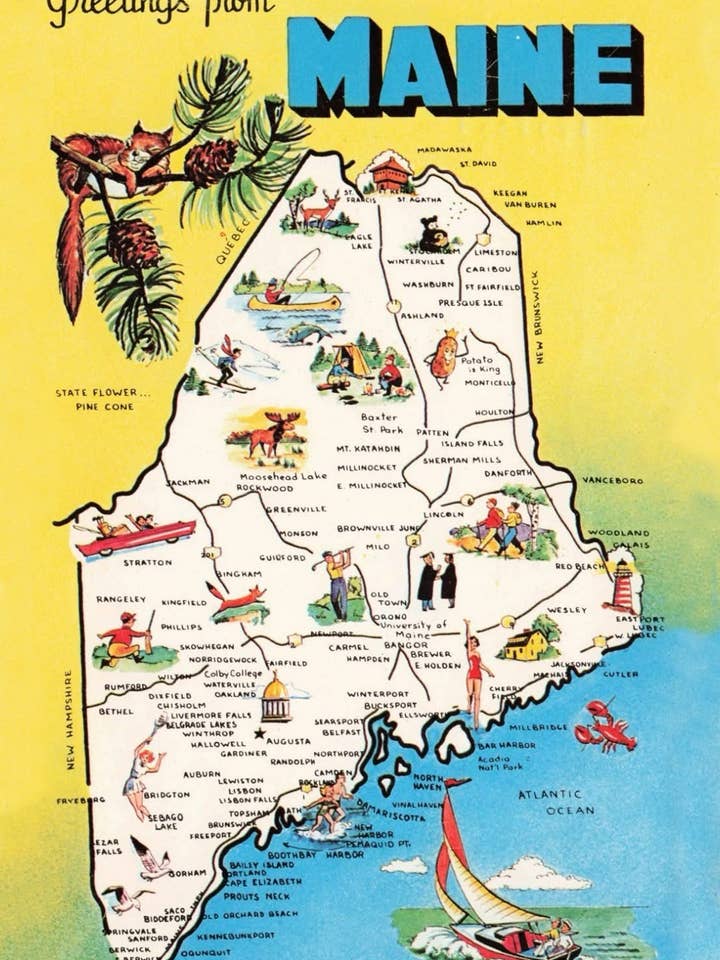 Vintage Maine Map Postcard for wholesale by Mentally In Maine