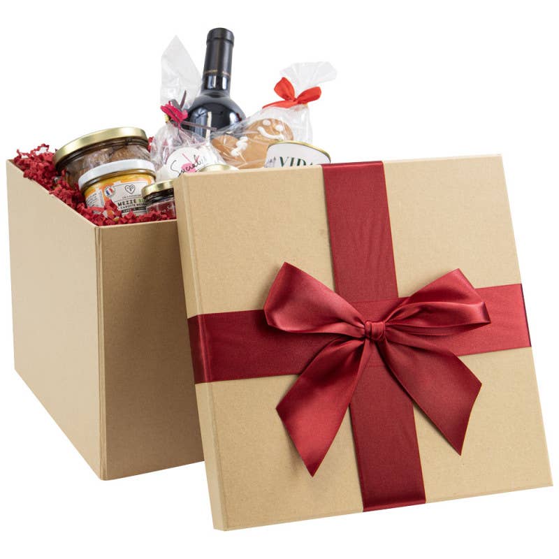 Square Flat Cardboard Box with Red Ribbon 27x27x22cm for wholesale on Faire1