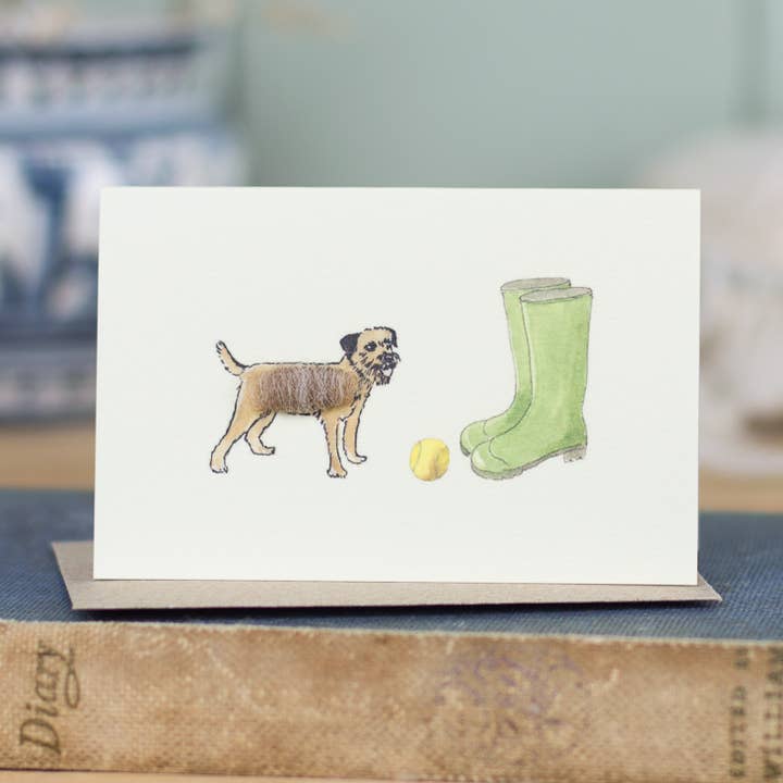 Mini Border Terrier + Wellies card hand finished with wool for wholesale by Papersheep UK