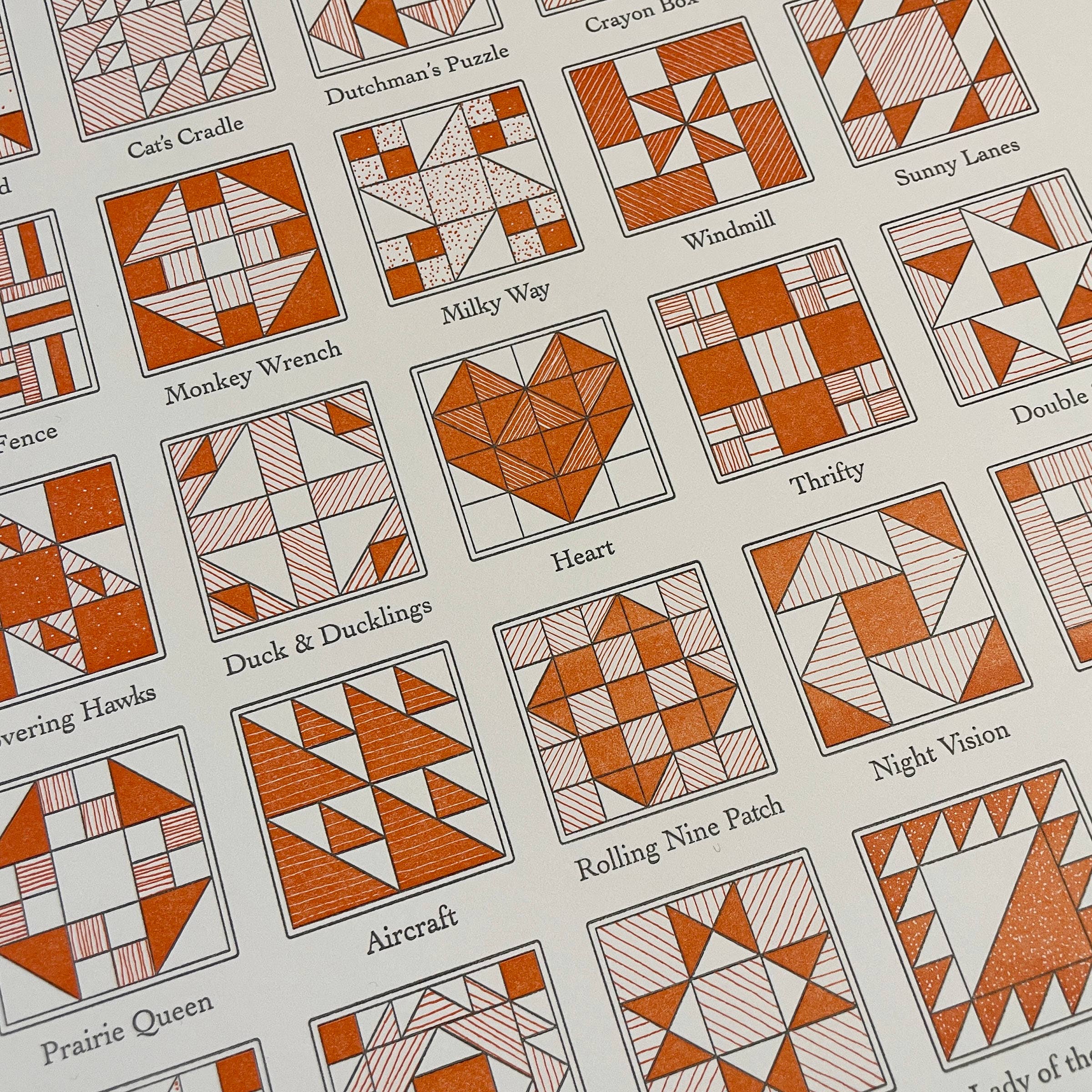 Green Bird Press - Wholesale Art Print - A Few Quilt Blocks Letterpress Print - 12" x 18"6