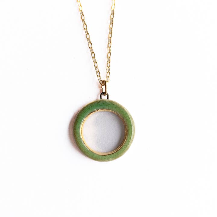 Necklace - Open Circle - Green + Gold for wholesale by StitchPrism