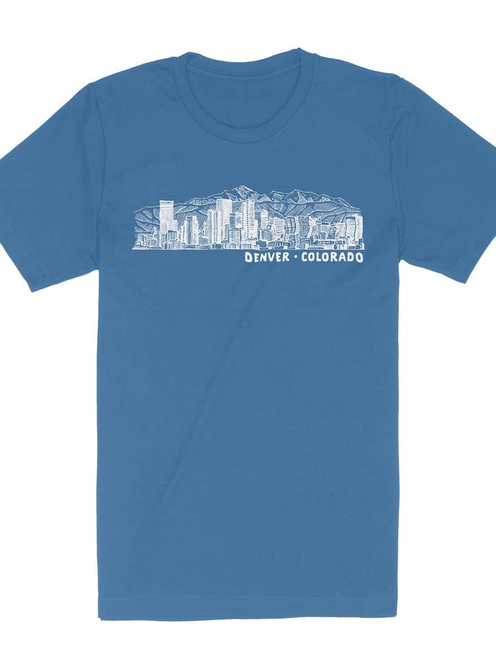Denver Colorado Skyline Mountains Adult Tee for wholesale by Buffalo Mountain Print + Supply