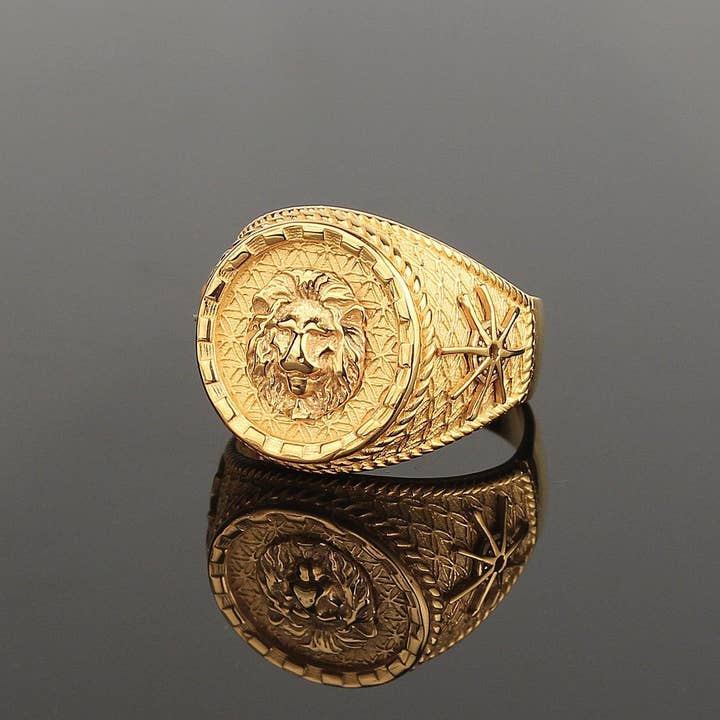 Ephesus Jewelry - Vente Chevalières - Bague Lion pour homme en argent sterling plaqué or1