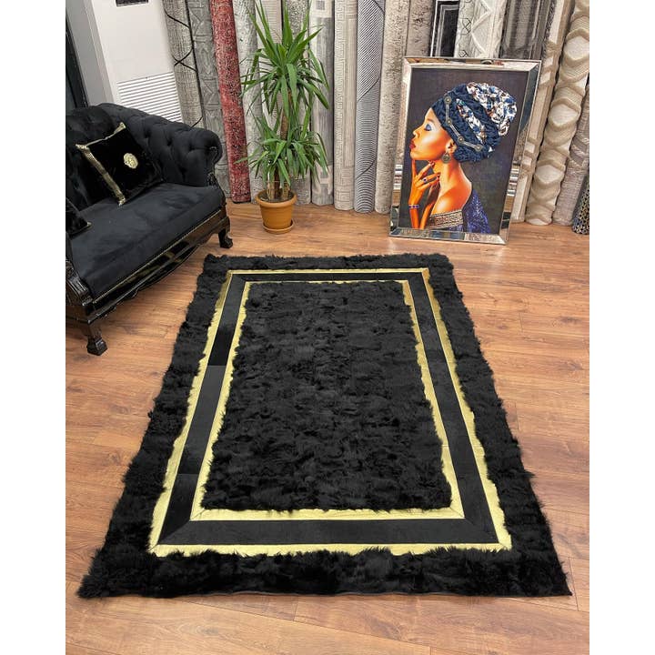 Soffice tappeto da salotto in pelliccia di pecora nera e dorata per la vendita all'ingrosso da parte di Rosoc Rug