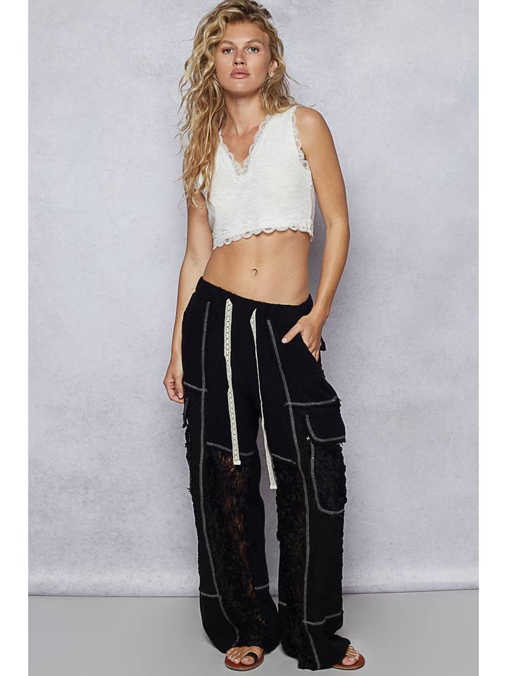 Pol Clothing - Wholesale Pants - Women's - Solid lace patch side pocket wide pants15