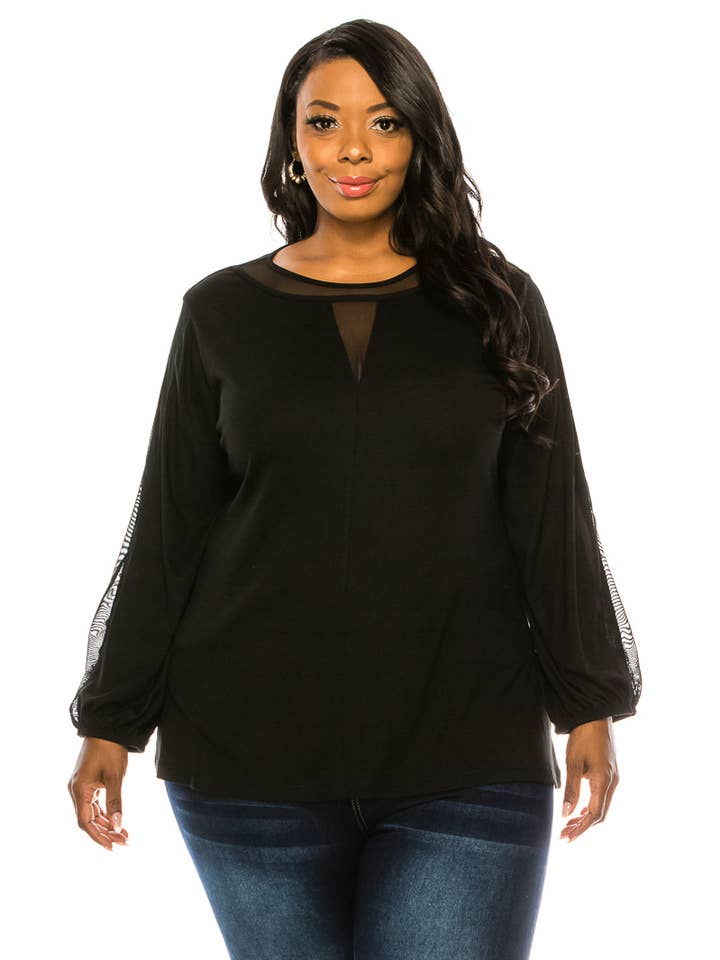 Plus Størrelse Elegant Kontrast Mesh Langærmet Illusion Bluse for engroshandel hos Urban Fem