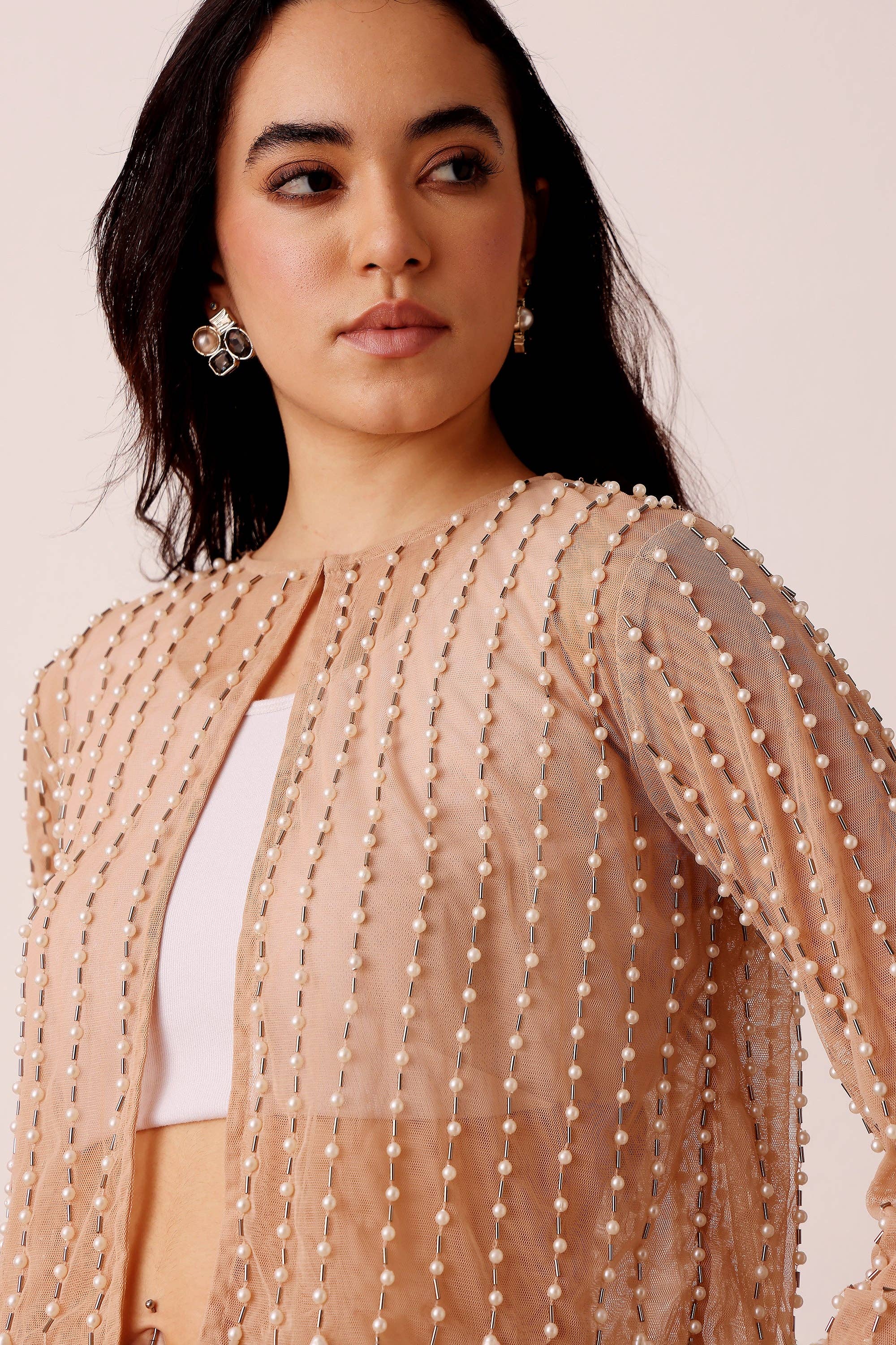 Pearl Embellished Sheer Cropped Jacket in Beige for wholesale on Faire4