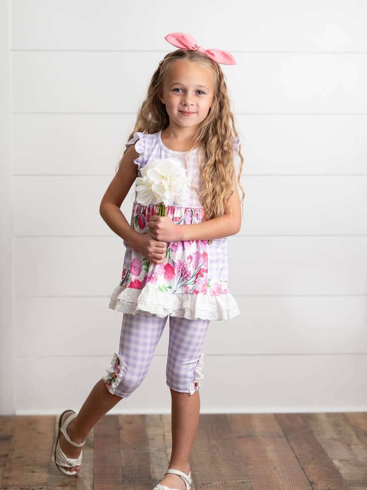 Oopsie Daisy - Wholesale Top & Leggings Set - Kids - Kids Lavender Gingham & Floral Capri Ruffle Summer Set