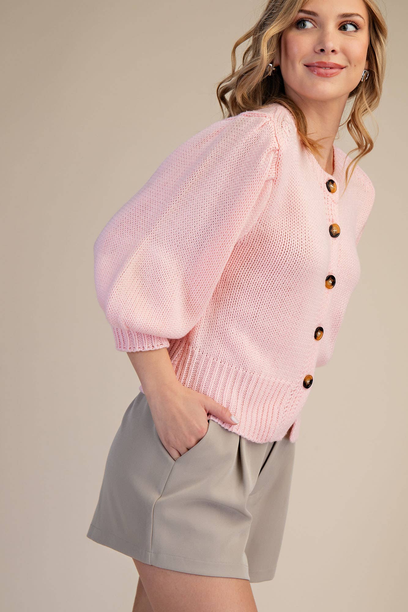 Glam - Wholesale Knit Sweater - Women's - Short Puff Sleeve Button Down Sweater - Reorder Friendly26