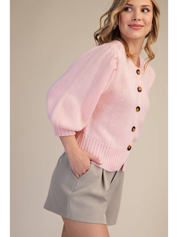 Glam - Wholesale Knit Sweater - Women's - Short Puff Sleeve Button Down Sweater - Reorder Friendly26