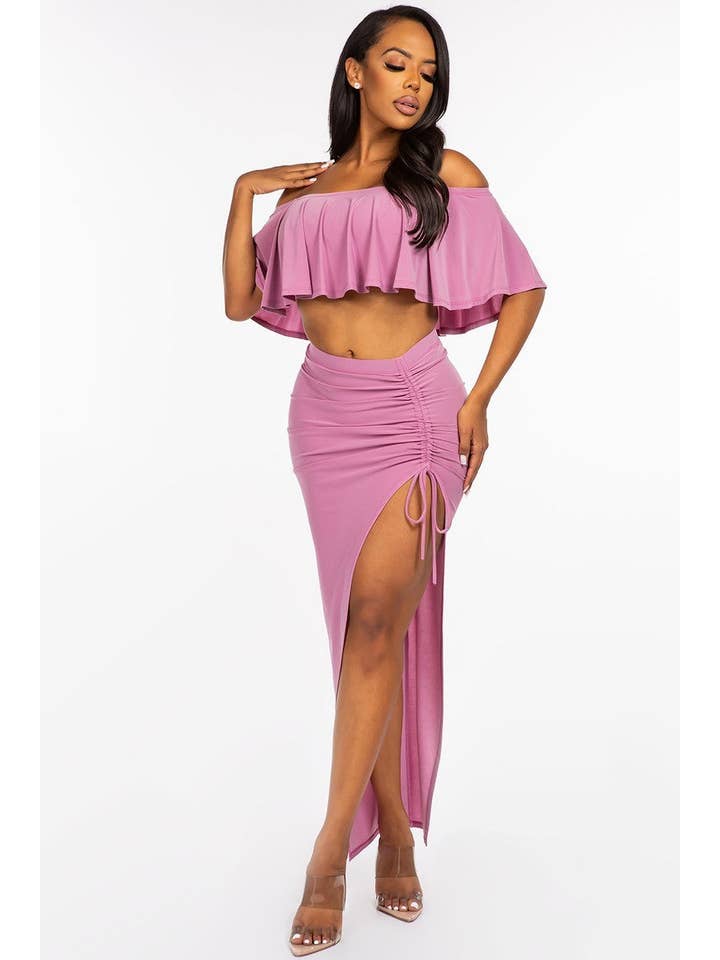 CC Wholesale Clothing - Wholesale Top & Skirt Set - Women's - Solid Ity Off The Shoulder Ruffled Cropped Top And Ruched Maxi Skirt Two Piece Set