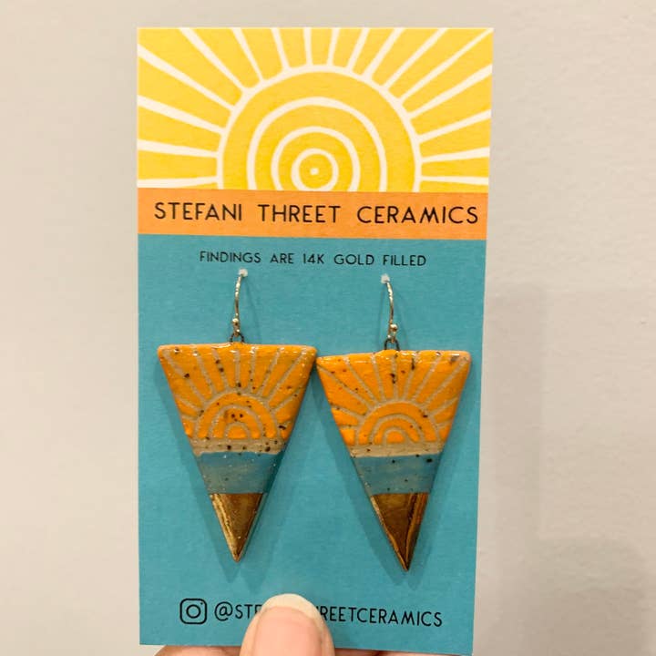 Luster Dangle Earrings- Long Triangle in Brown Clay- Orange for wholesale by Stefani Threet Ceramics
