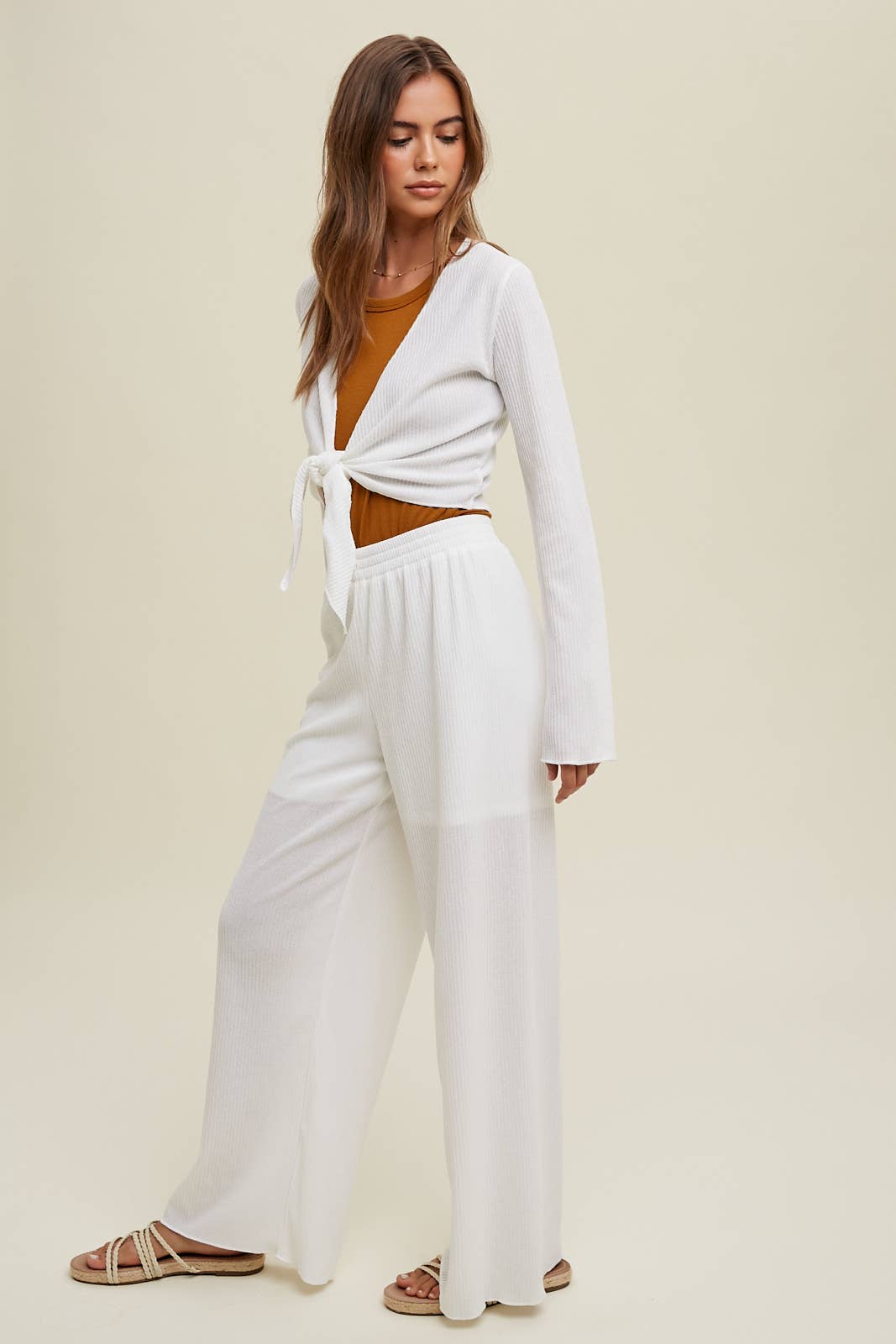 IVORY RIBBED KNIT COVER-UP WITH FRONT SELF TIE / WL23-7690T for wholesale on Faire2