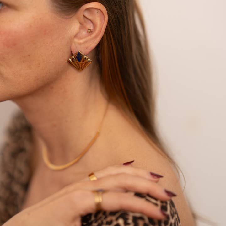 Moonbeam Lapis Lazuli Gold Earring for wholesale by nostalgique NYC