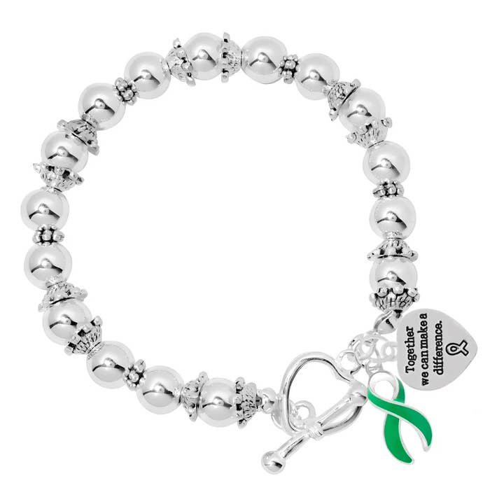 Make A Difference Green Ribbon Silver Beaded Bracelets for wholesale by The Awareness Company