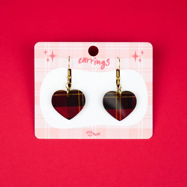 Heart Hook Acrylic Earrings - Red Tartan for wholesale by ColsonDesign