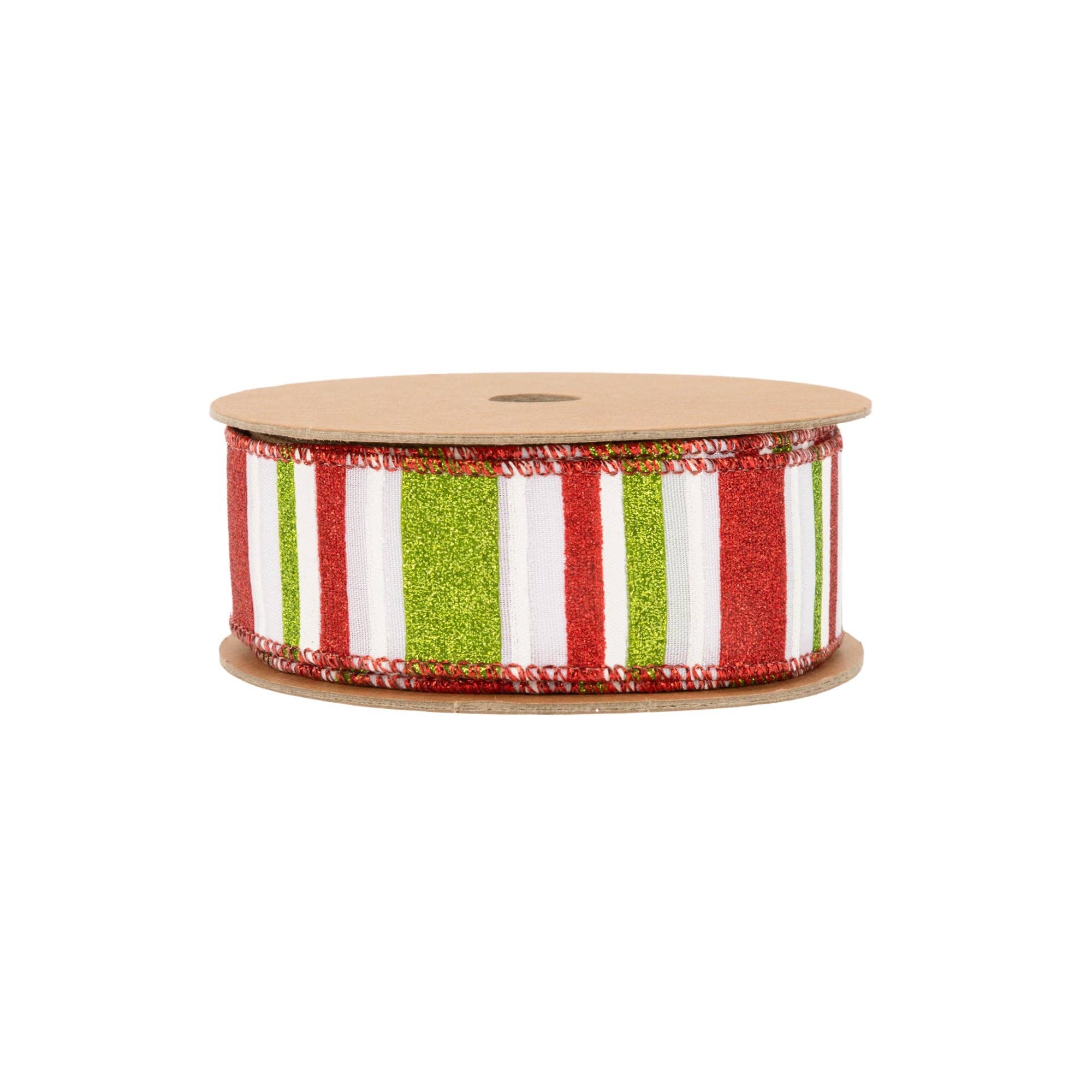 LA Ribbons Wholesale - Wholesale Ribbon - Gift Wrapping - 1 1/2" Wired Ribbon | Red, Green, White Horizontal Glittered Stripes on White | 10 Yard Roll1