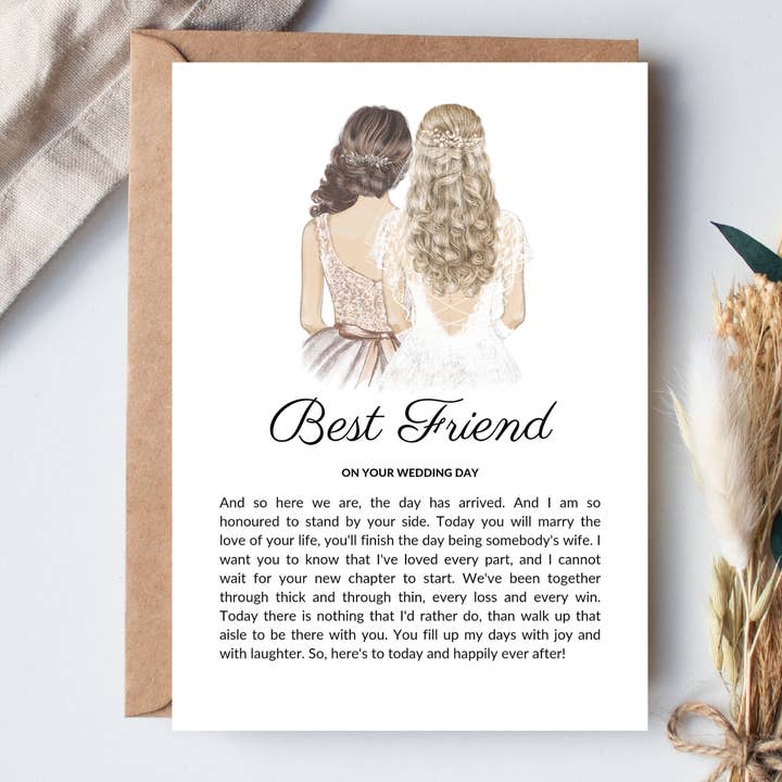 Boho Babe UK Studio - Wholesale Wedding Card - Best Friend Wedding Day Printed Poem - Blonde and Brunette
