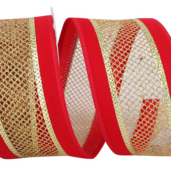 Velvet Mesh Middle Wired Edge, Red/gold, 2-1/2 In, 10 Yards for wholesale by RELIANT RIBBON