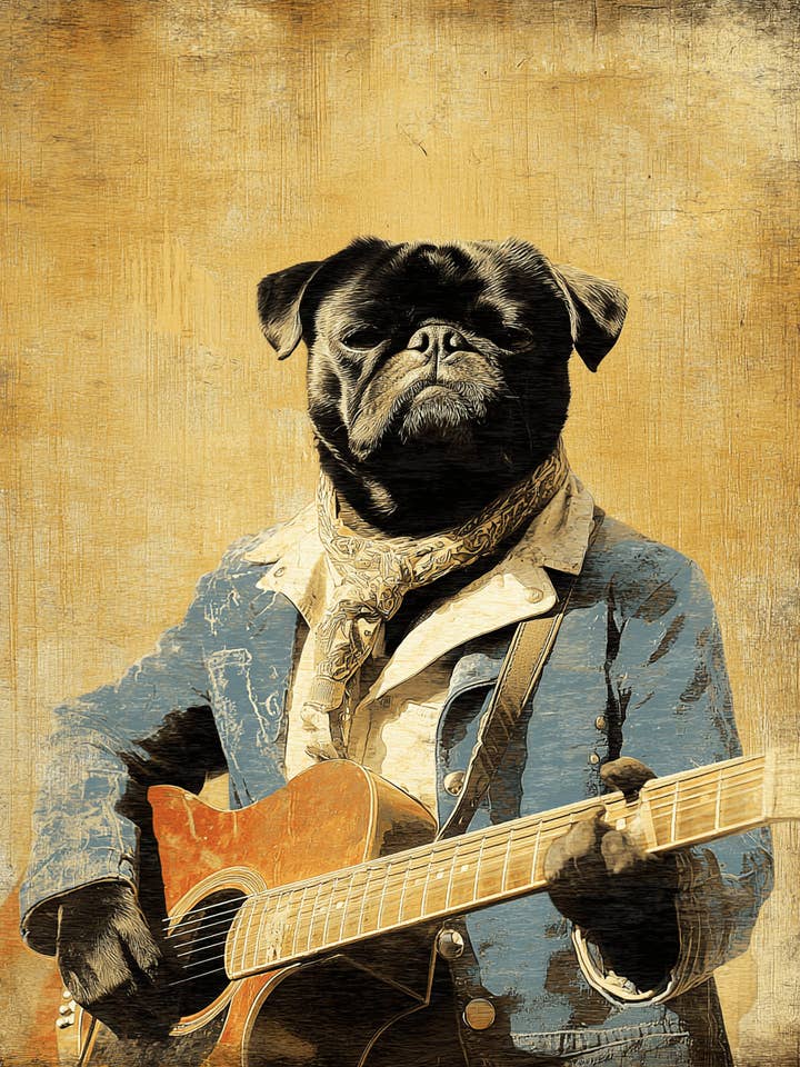 Pug med gitarr hundtematisk konsttryck - 8"x10" konstverk för wholesale av Mowbi