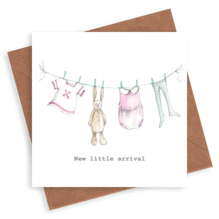 Pink Washing Line Card – Luxury Baby Girl Greeting Card With Kraft Envelope for wholesale by Crumble & Core
