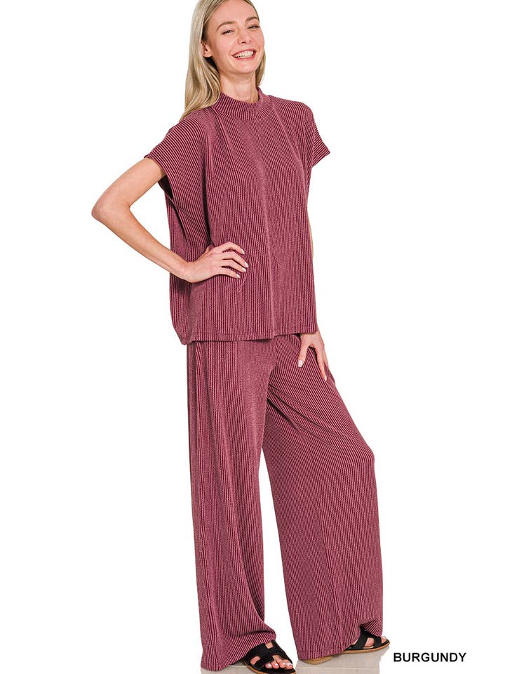 42POPS - Wholesale Lounge Set - Women's - `.0729 Raised Rib Short Sleeve Tee & Pants 2PC Set SI-2842211