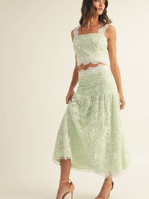 Crochet Lace Ruffle Detail Sleeveless Midi Skirt Set for wholesale by JUST ME