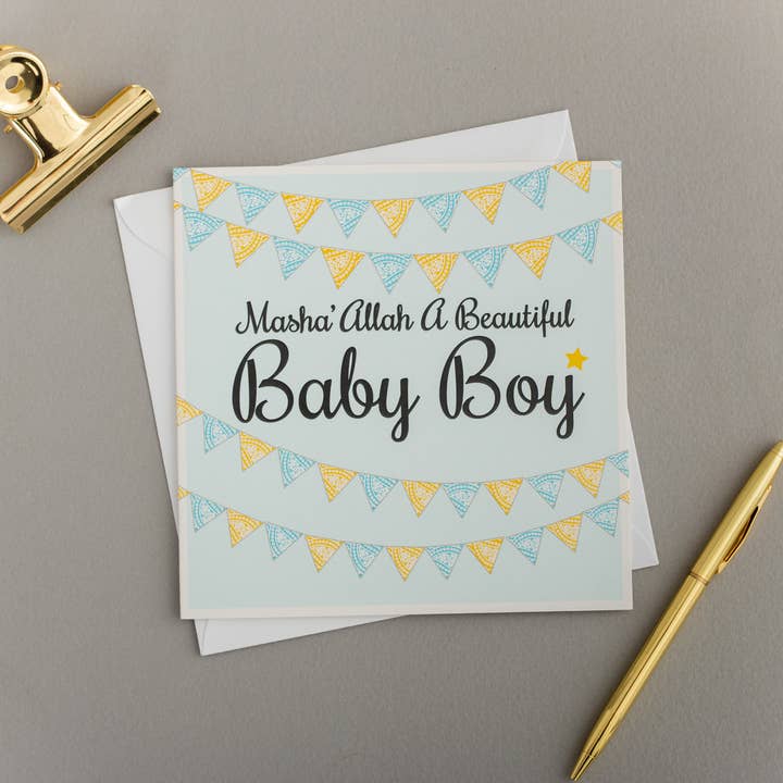 x6 MASHA’ ALLAH Baby Boy Card | Bunting for wholesale by Eastern Print Studio