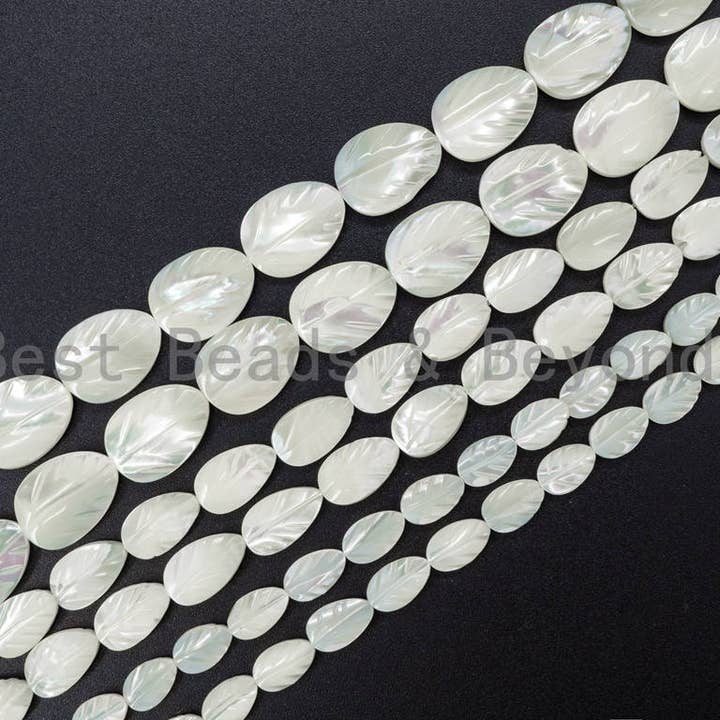 High Quality White Mother of Pearl Strand, 6x9mm/8x12mm/12x16mm, Mop Shell, Double Face Curved Leaf Egg Beads, Full Strand SKU#T19 for wholesale by BestBeads&Beyond