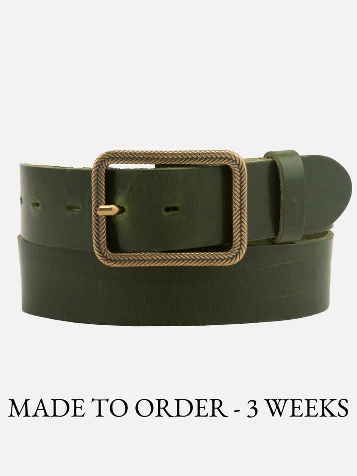 MADE TO ORDER Hedy | Vintage Gold Buckle Leather Belt for wholesale by Amsterdam Heritage Leather Belts, Bags, Jackets & Apparel