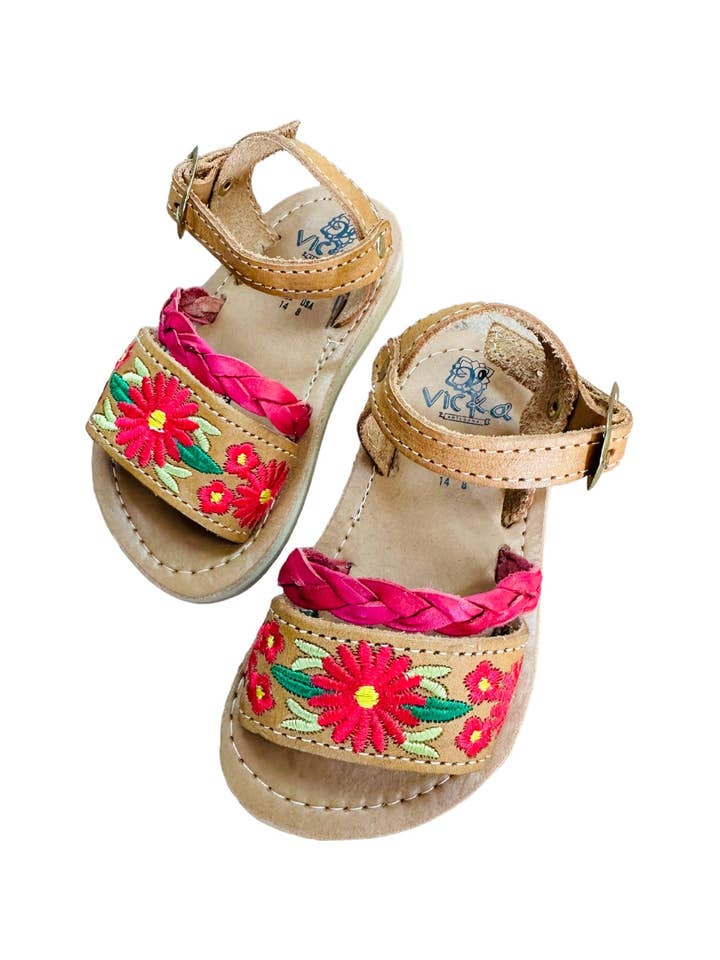 Cielito Lindo - Wholesale Sandals - Kids - Mexican Girl Pink Flower Leather Sandals1
