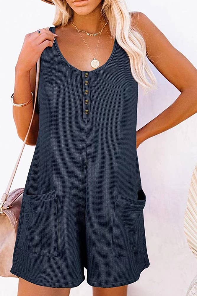 UNISHE - Vente Combishort – femme - Barboteuse gaufrée boutonnée sans manches avec poches ZZKF72913